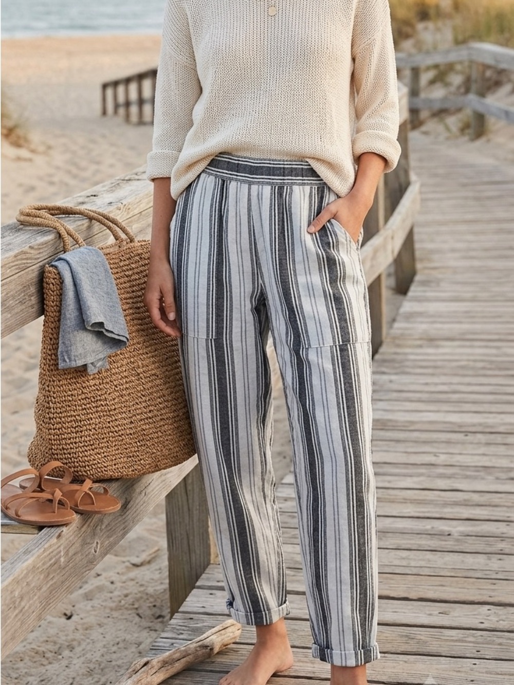 Ci Sono Black and White Striped Cargo Pants